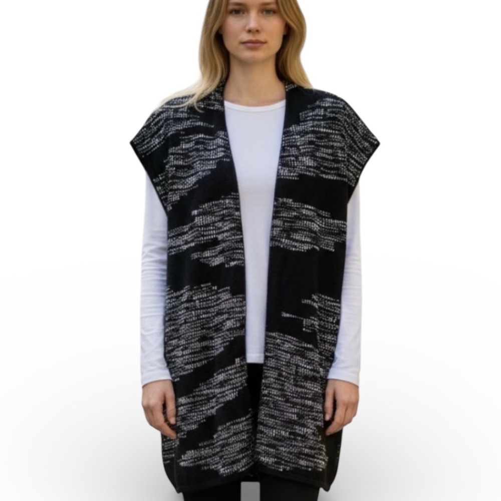 Chico's Long Vest Black and White Tweed Open Front Boho Chico’s 3 or XL